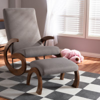 Baxton Studio BBT5317-Grey-Otto-Set Kaira Modern and Contemporary 2-Piece Gray Fabric Upholstered and Walnut-Finished Wood Rocking Chair and Ottoman Set